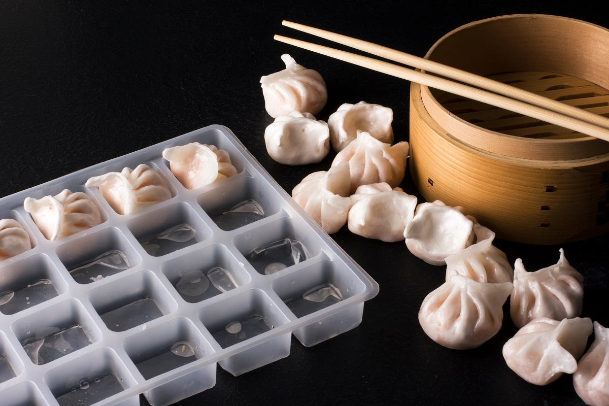Chinese dumplings with plastic form for freezing isolated on black background.