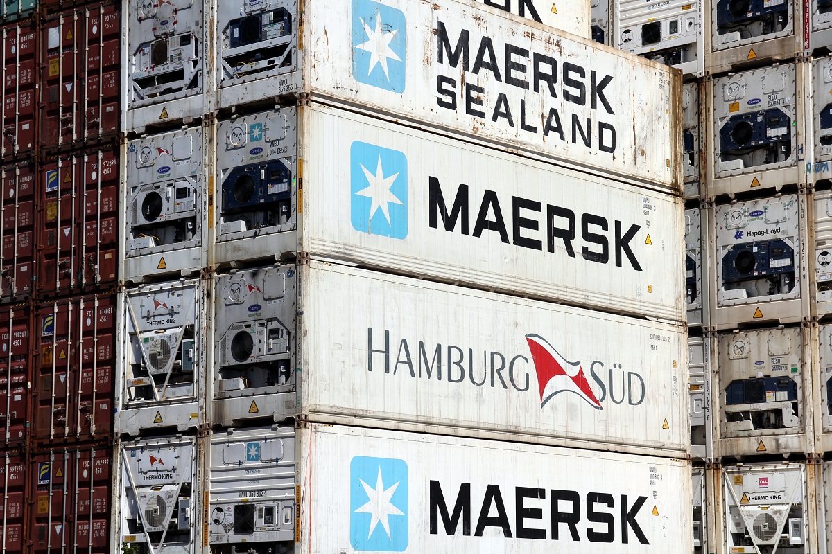 HAMBURG, GERMANY - JUNE 1, 2020: Refrigerated shipping containers of the container shipping companies MAERSK and HAMBURG SÜD stacked at the Port of Hamburg